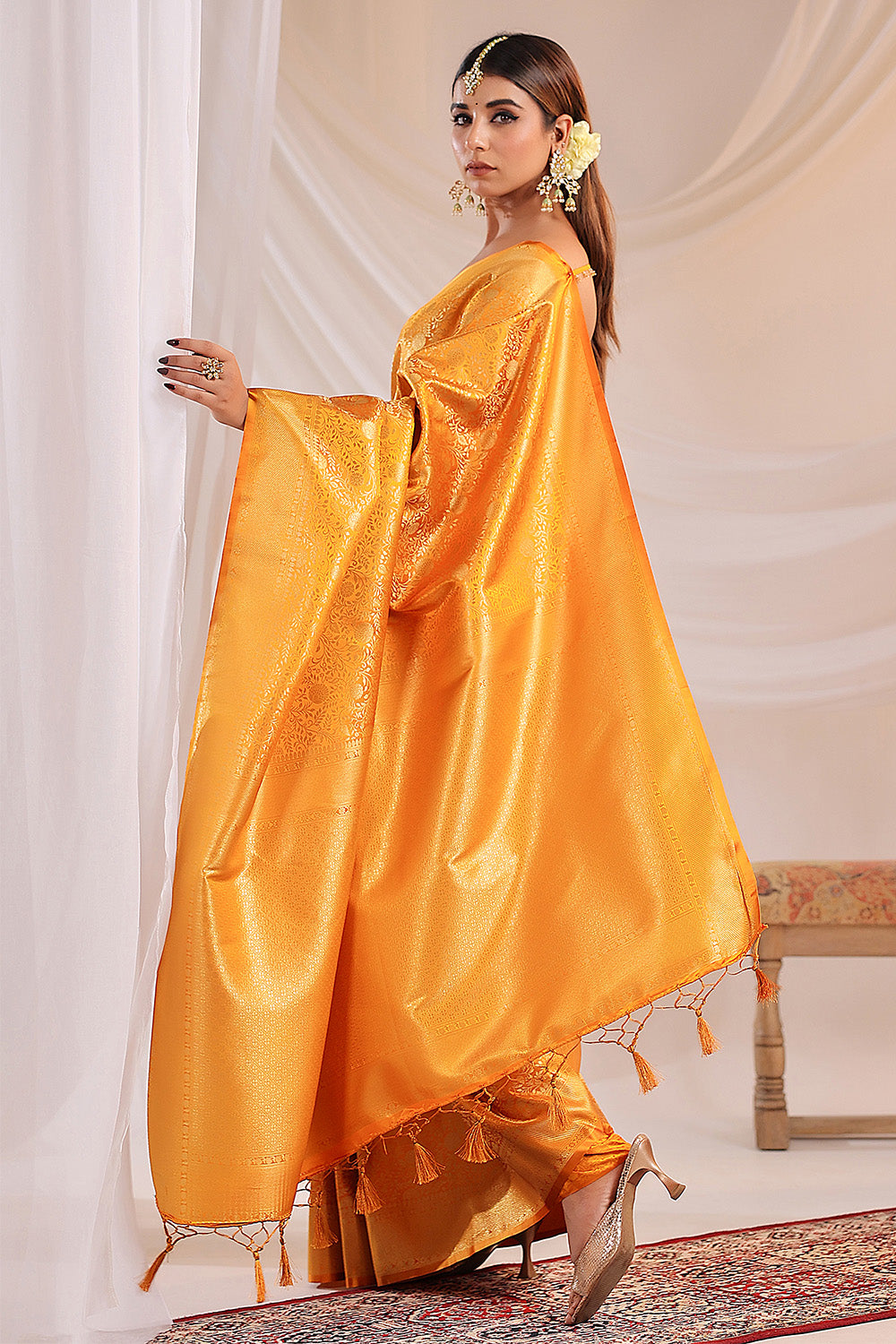 Yellow Silk Zari Floral Zaal Woven Saree