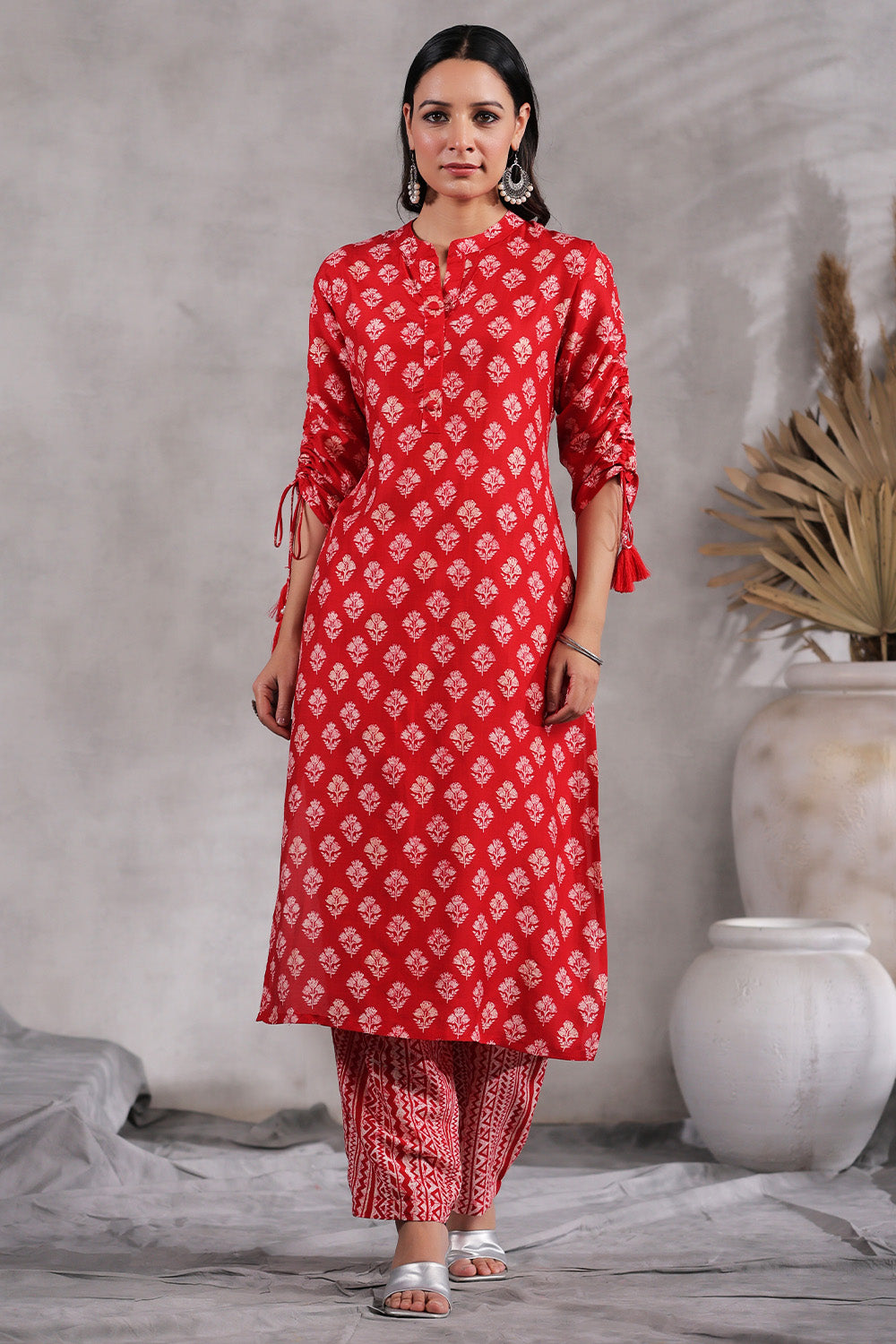 Red Color Printed Muslin Kurta Set