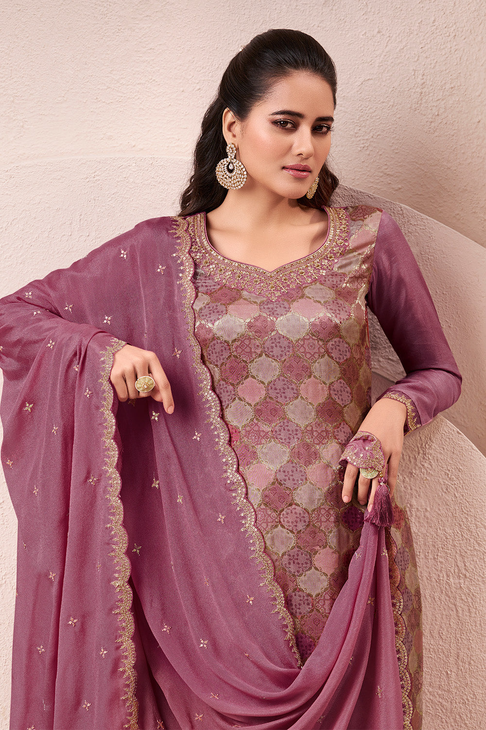 Mauve Silk Zari Woven And Embroidered Unstitched Suit Material