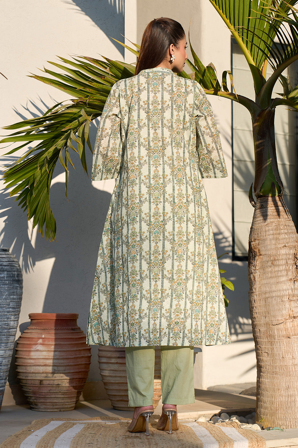 Pista Green Floral Printed Cotton Long Kurta Set