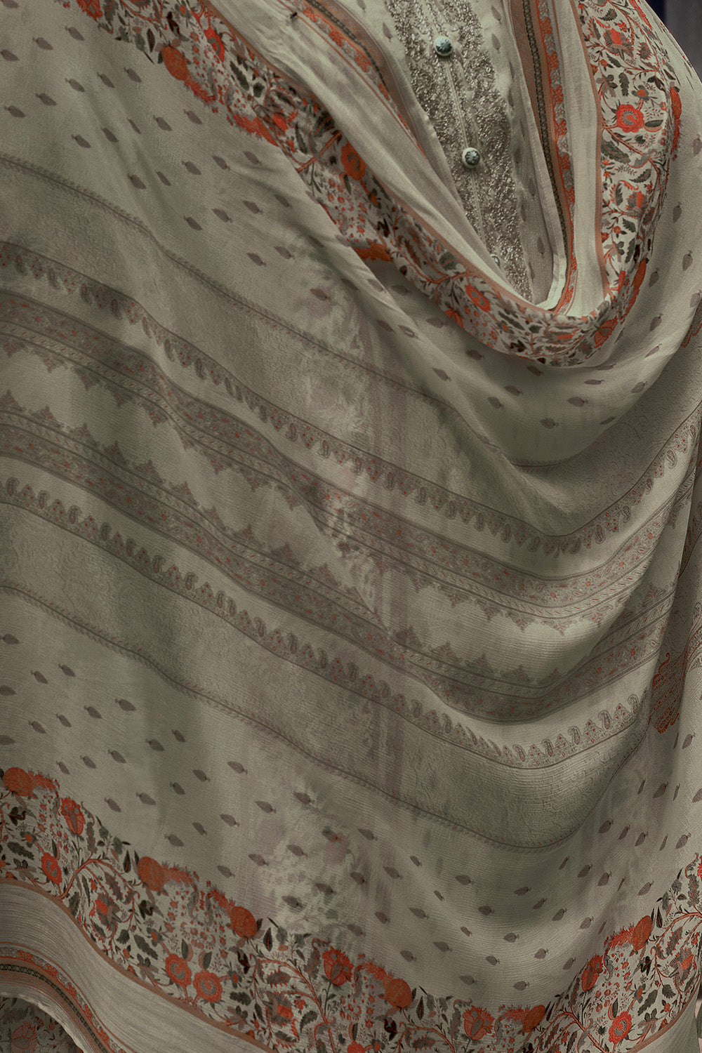 Olive Grey Color Crepe Silk Printed Unstitched Suit Material