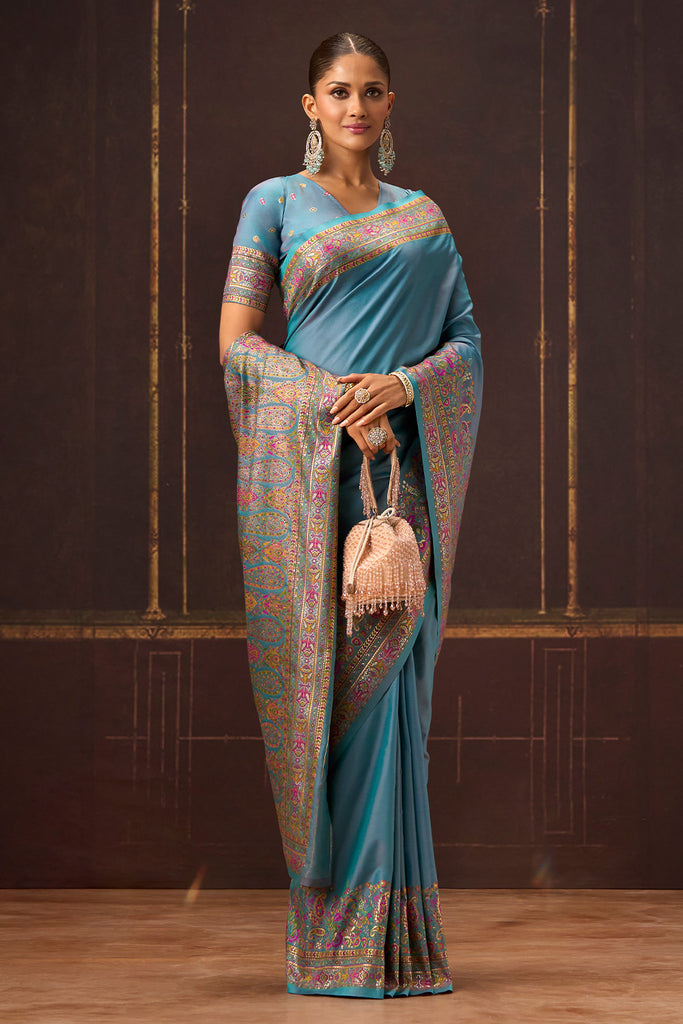 Firozi Color Soft Silk Kalamkari Woven Saree