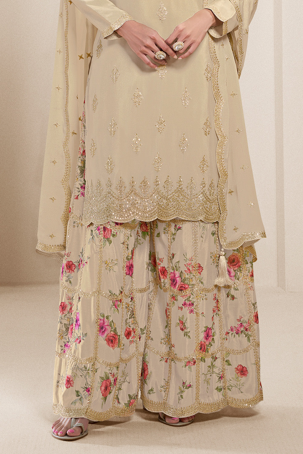 Beige Color Georgette Embroidered Unstitched Suit with Palazzo