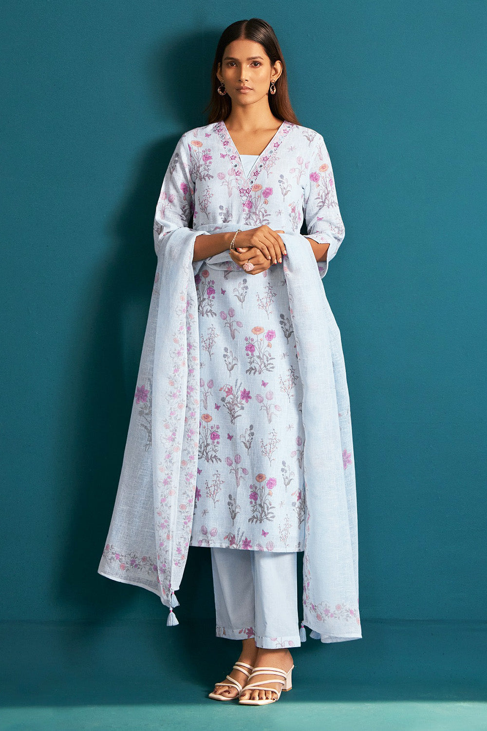 Light Blue Color Khadi Cotton Floral Printed and Neck Embroidered Suit