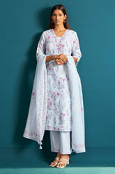 Light Blue Color Khadi Cotton Floral Printed and Neck Embroidered Suit