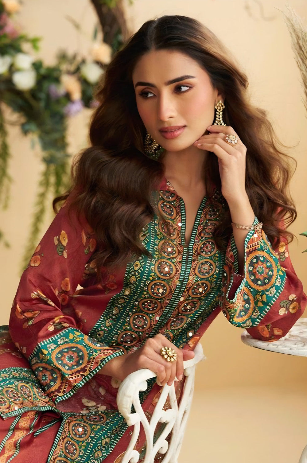 Rust & Teal Printed Crepe Kurta Set With Palazzo