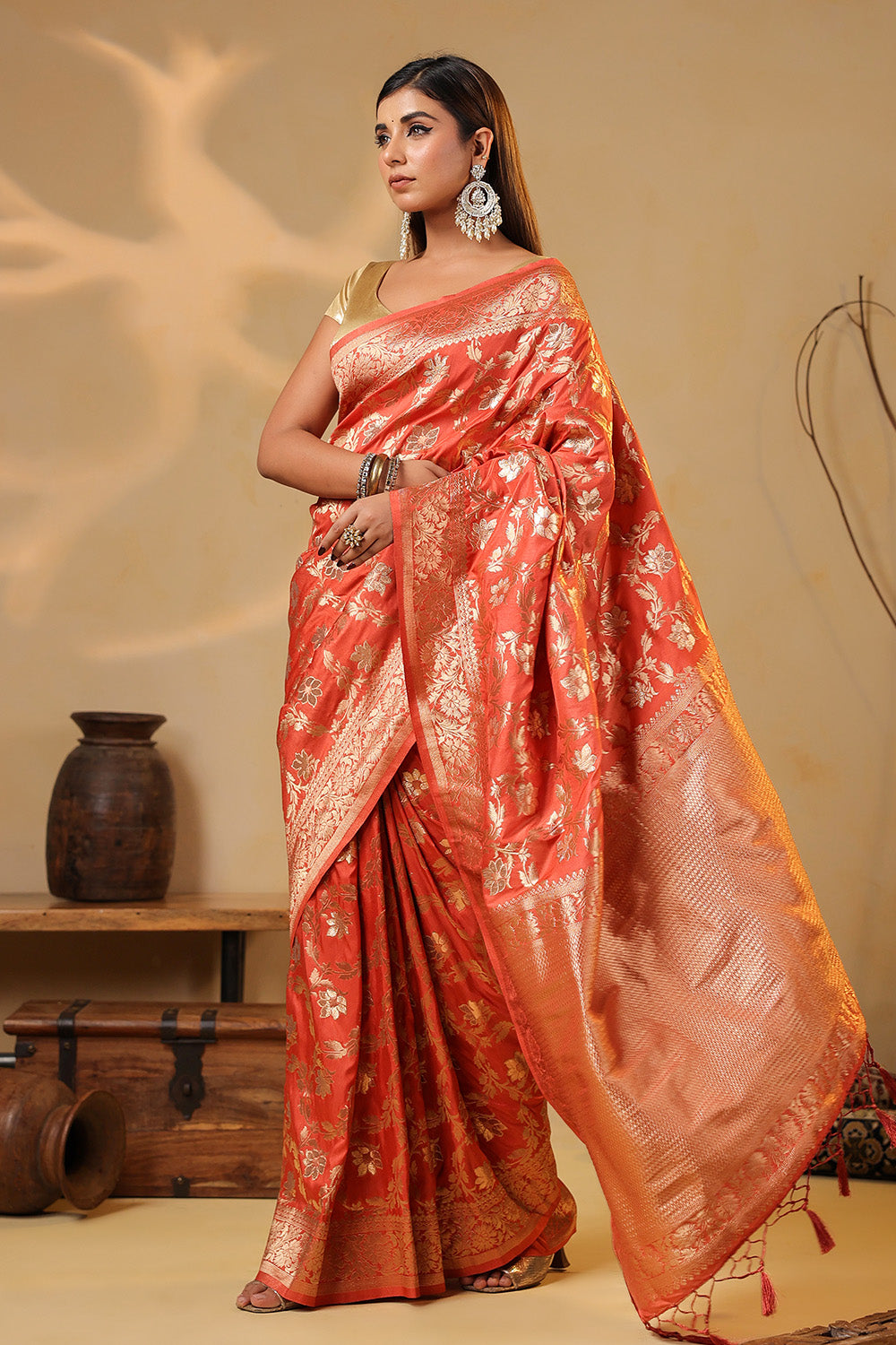 Dark Peach Zari Floral Woven Silk Saree