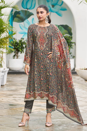 Grey Muslin Floral Printed Unstitched Suit Material