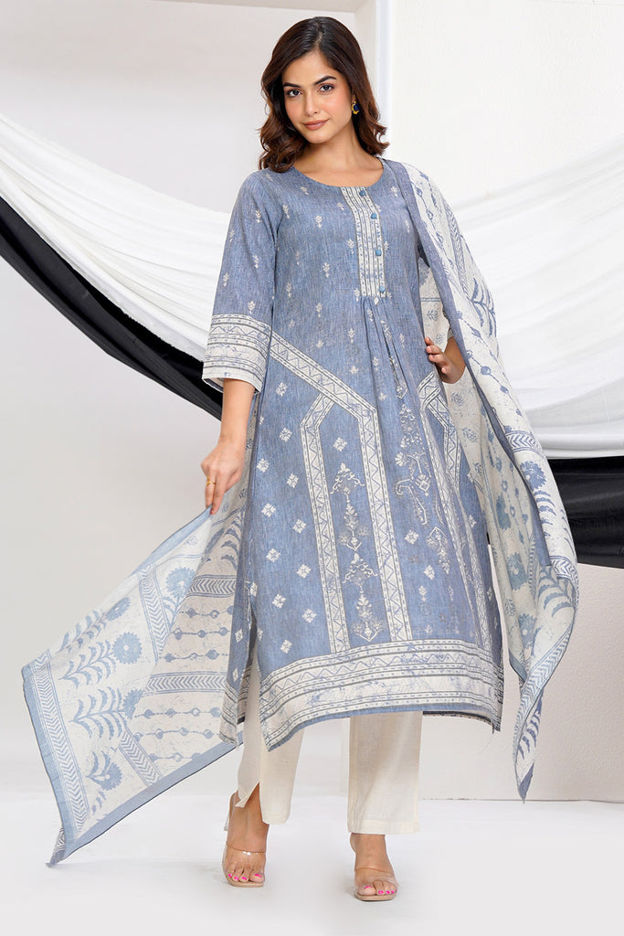 Grey Cotton Printed Suit Set