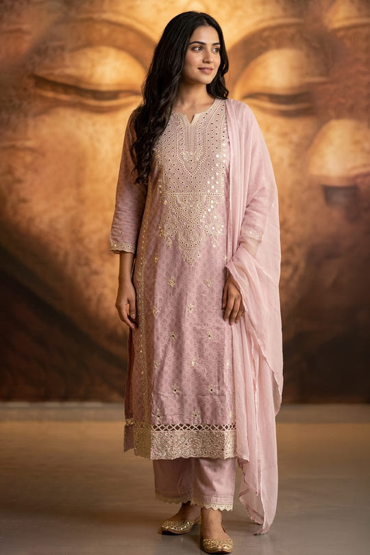 Pink Cotton Mirror Work & Resham Embroidered Suit