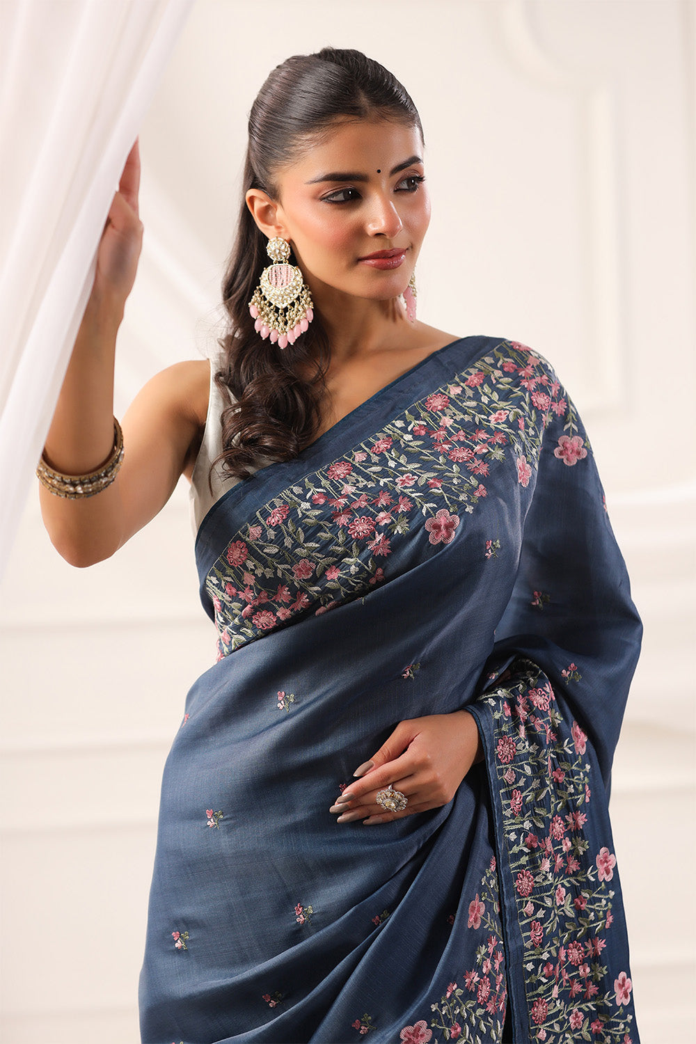 Greyish Blue Tussar Silk Resham Floral Embroidered Saree
