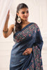 Greyish Blue Tussar Silk Resham Floral Embroidered Saree
