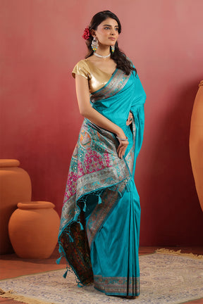 Teal Soft Silk Kalamkari Woven Saree