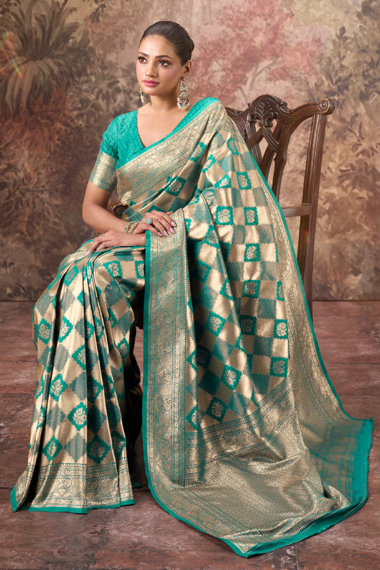 Teal & Green Silk Zari Woven Saree
