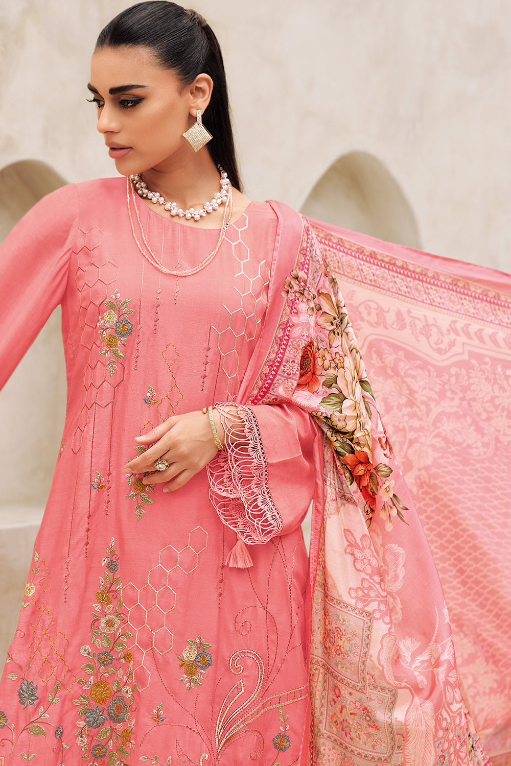 Coral Color Muslin Embroidered Unstitched Suit Material