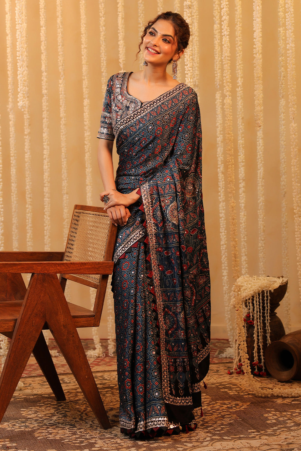 Navy Pure Mulberry Silk Printed And Embroidered Saree