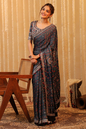 Navy Pure Mulberry Silk Printed And Embroidered Saree