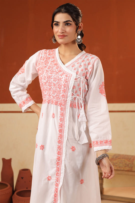 White & Light Pink Cotton Resham Embroidered Angrakha Style Kurta