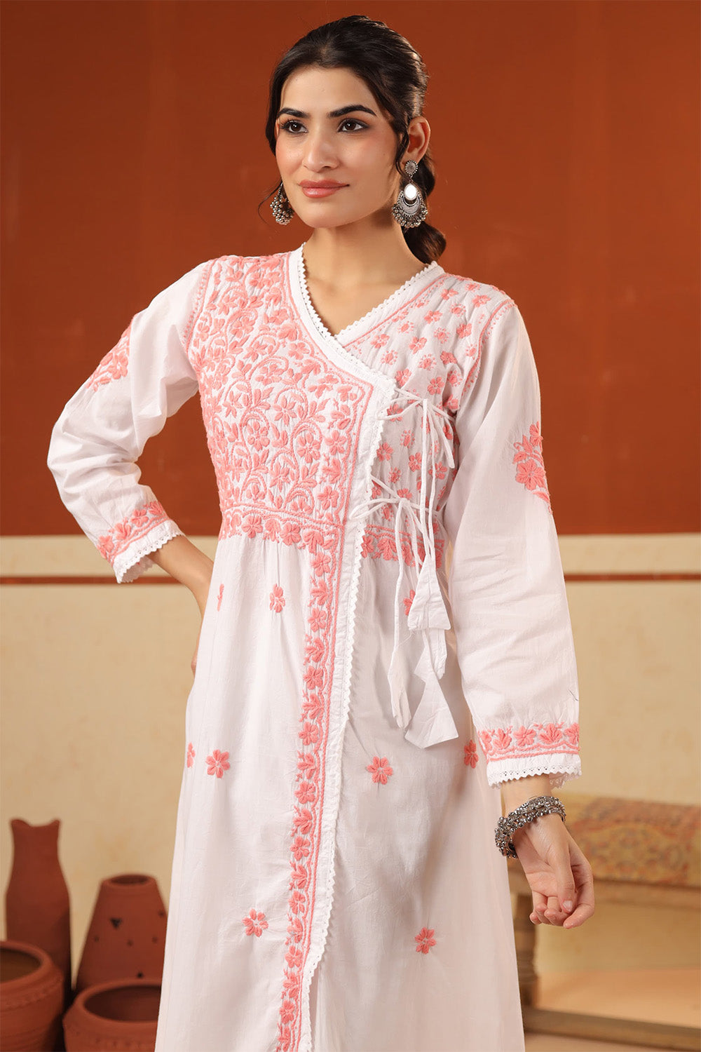 White & Light Pink Cotton Resham Embroidered Angrakha Style Kurta