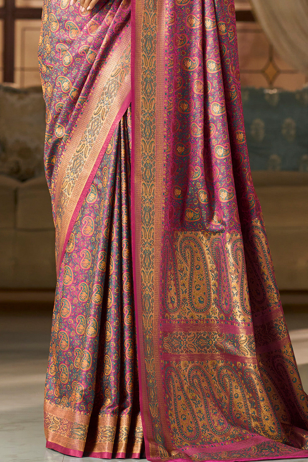 Rani Color Minakari Woven Silk Saree