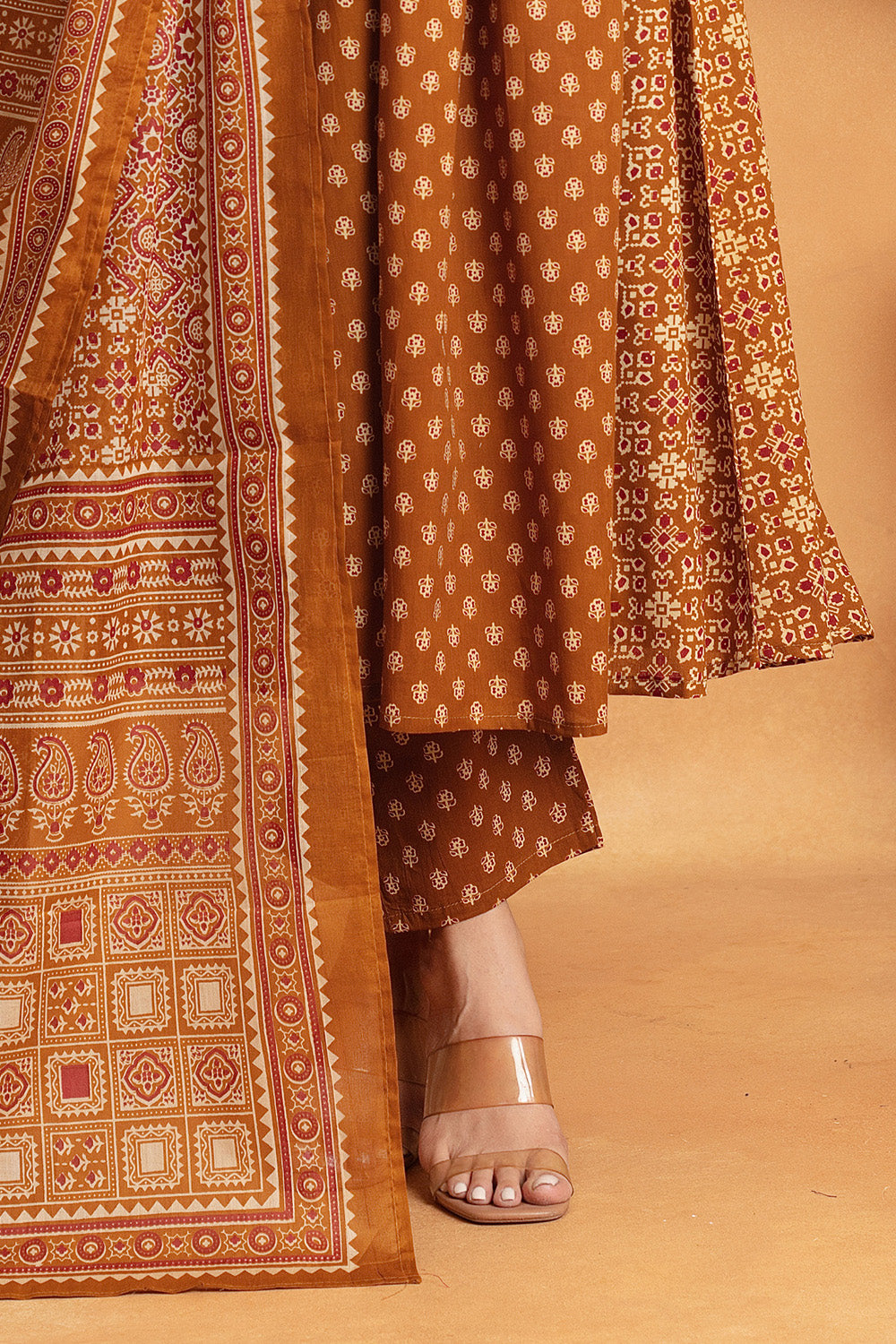 Mustard Ajrakh Printed Cotton Anarkali Suit