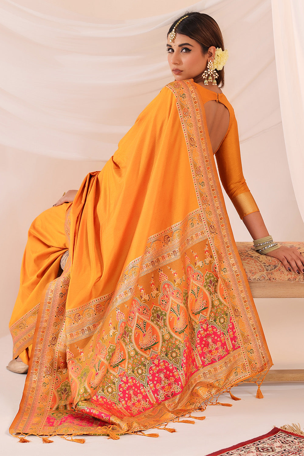 Mustard Soft Silk Kalamkari Woven Saree