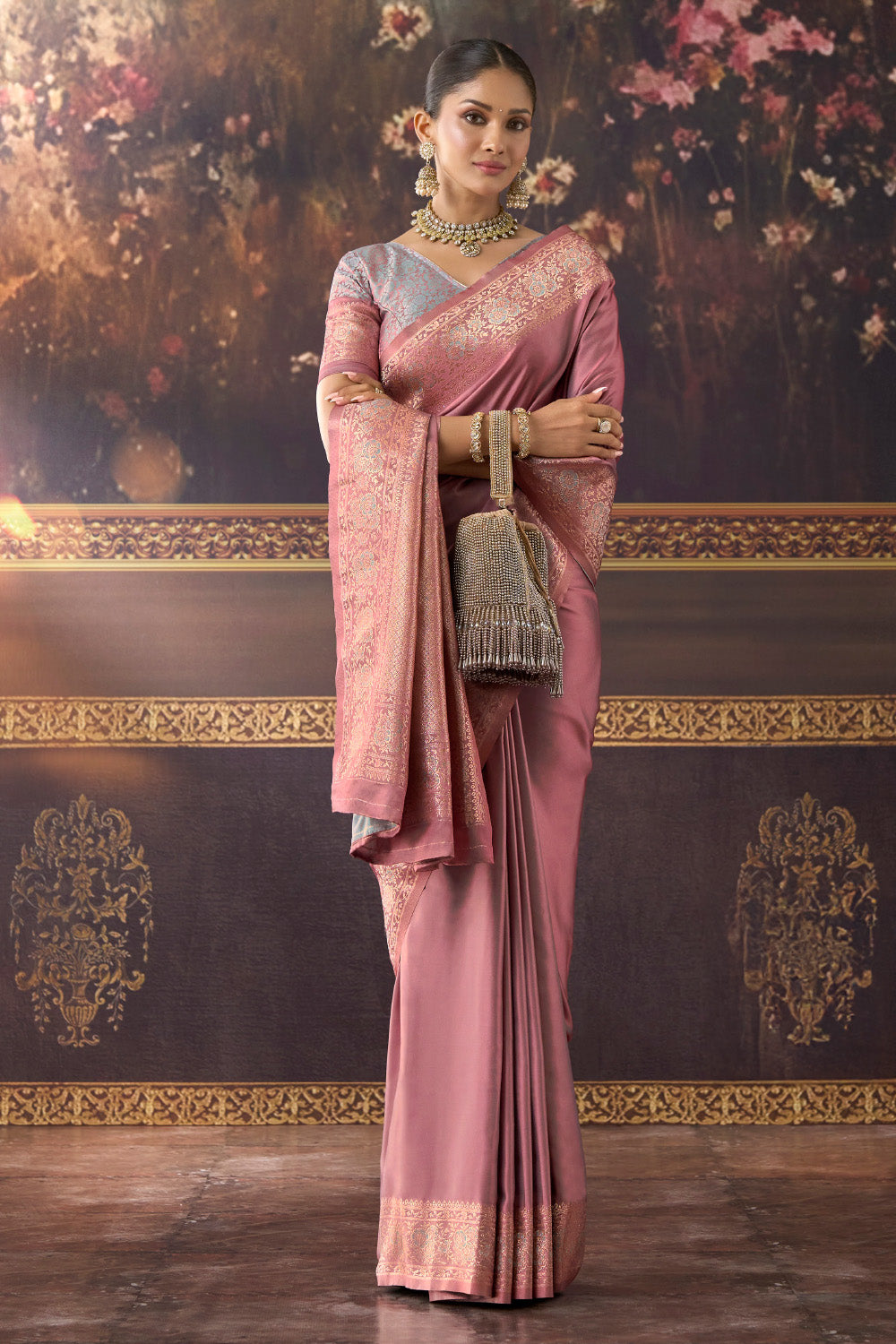 Dusty Pink Zari Woven Mulberry Silk Saree