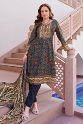 Beige & Navy Spun Mughal-Inspired Paisley Printed Unstitched Suits Material