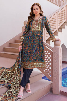 Beige & Navy Spun Mughal-Inspired Paisley Printed Unstitched Suits Material
