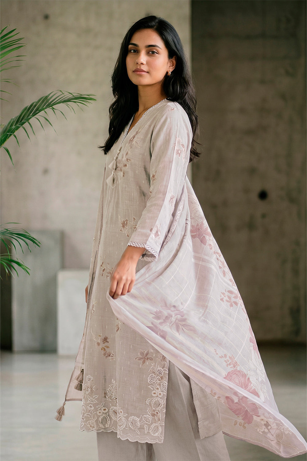 Grey Cotton Floral Resham Embroidered and Printed Unstitched Suit Material