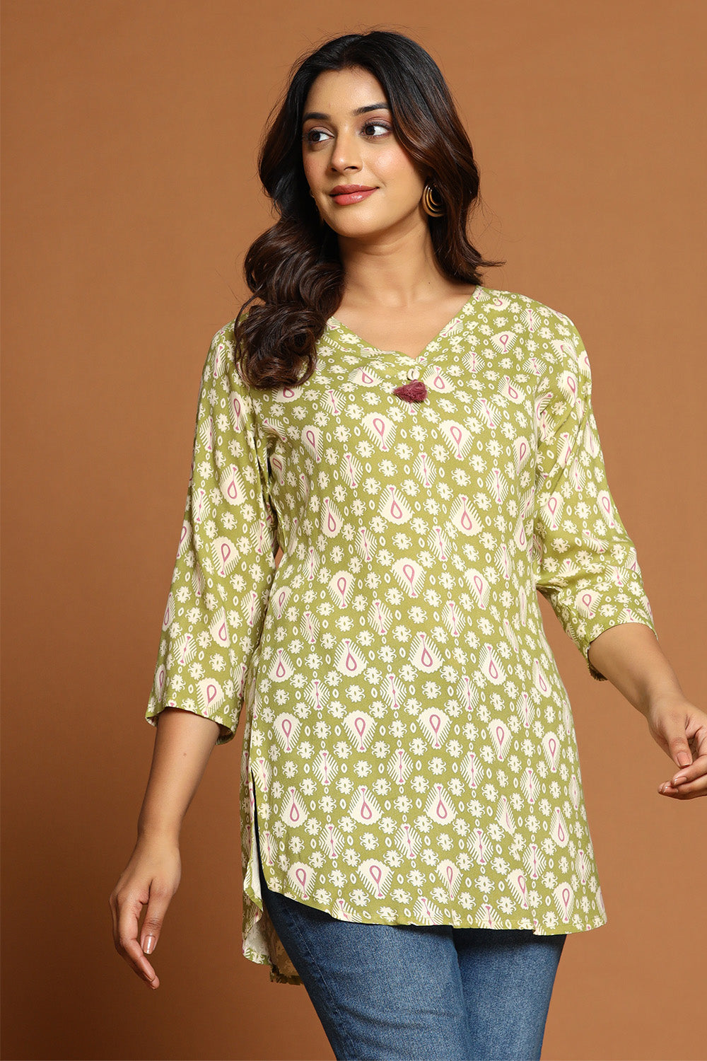Sage Green & Beige Color Cotton Printed Tunic