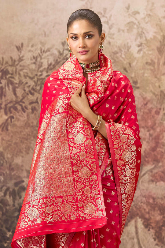 Red Charmeuse Silk Zari Woven Saree