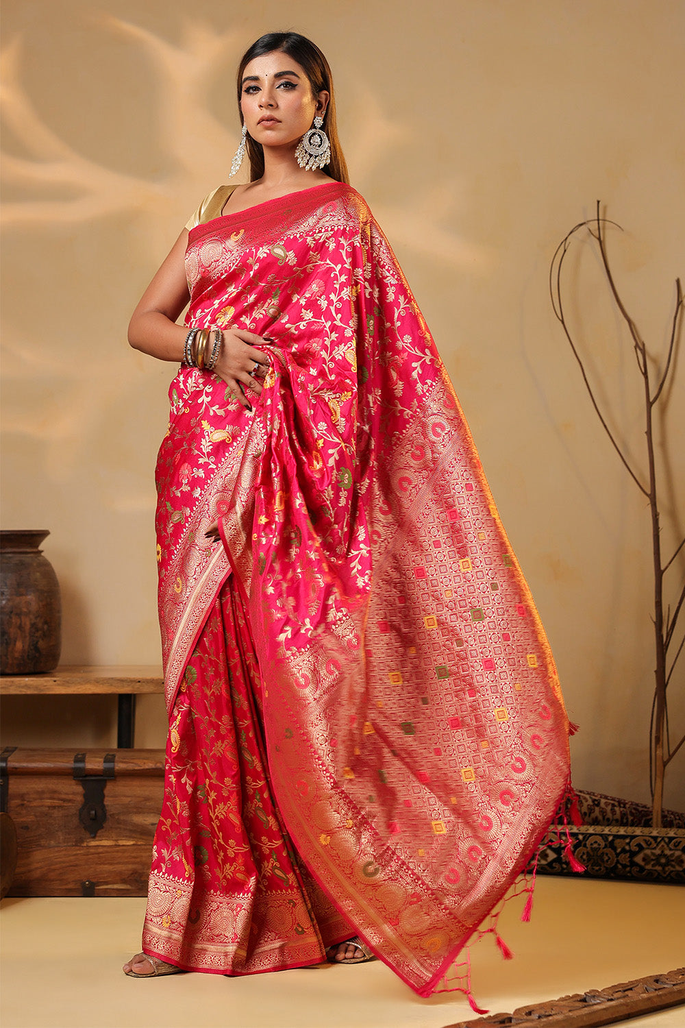 Cherry Red Colour Silk Zari & Resham Woven Saree