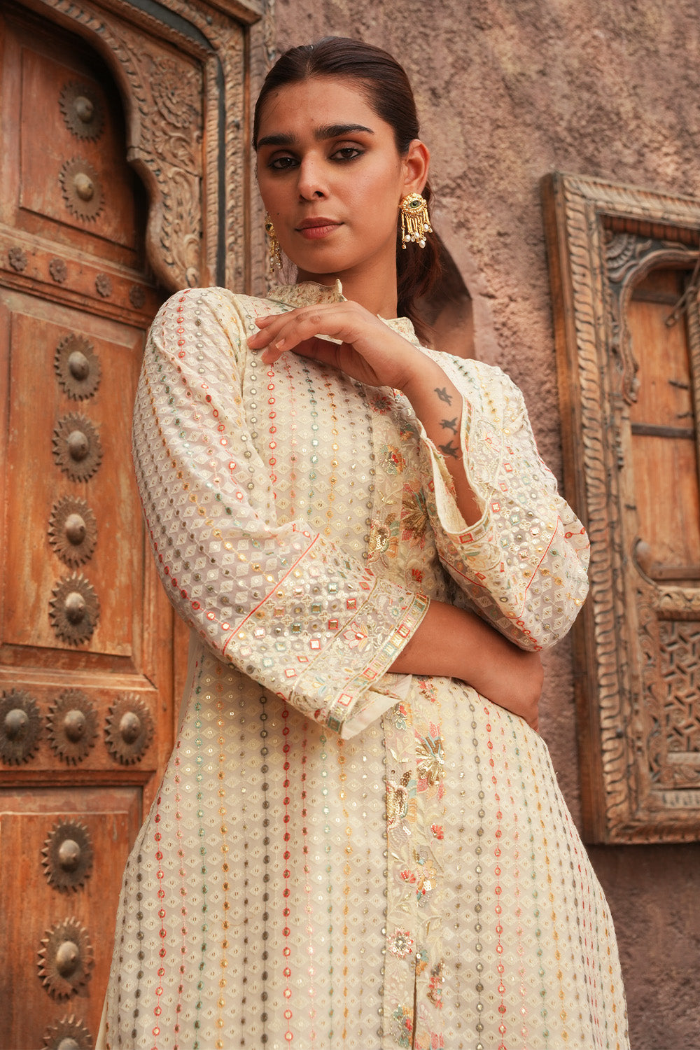 Cream Color Georgette Embroidered Kurta Set