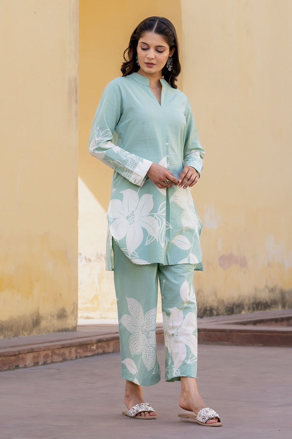 Sea Green Color Cotton Printed Co-Ord Dress