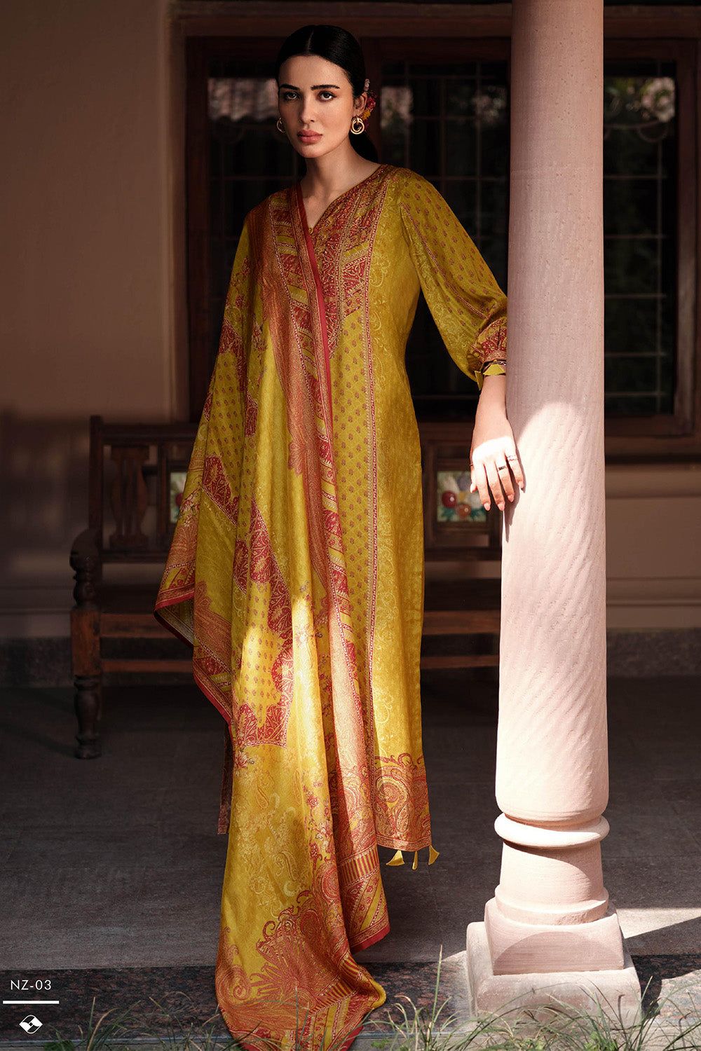 Mustard Crepe Printed Unstitched Suit