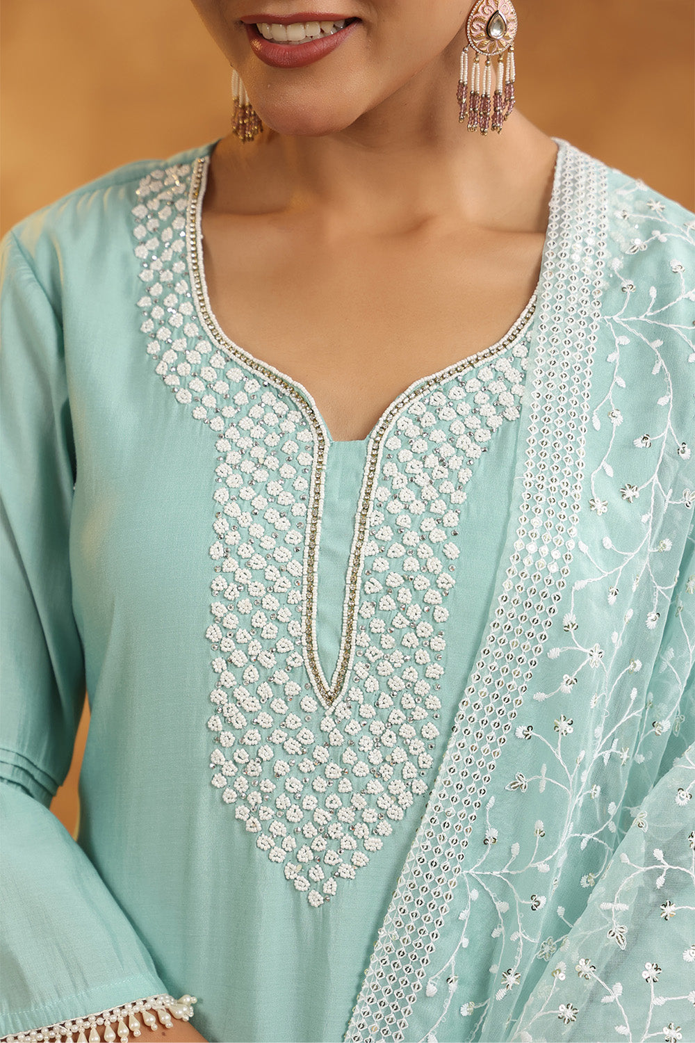 Powder Blue Color Cotton Neck Embroidered Unstitched Suit Fabric