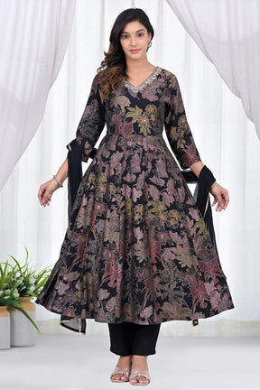 Black & Beige Muslin Floral Printed Neck-Embroidered Anarkali Suit