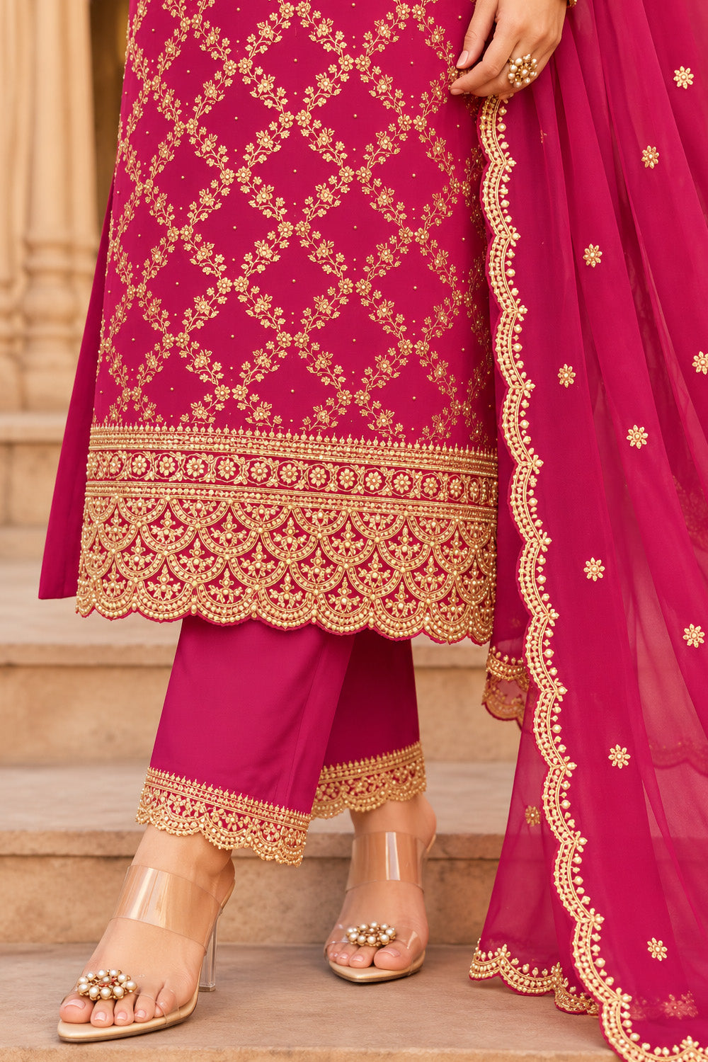 RanI Crepe Silk Zari Woven And Embroidered Unstiched Suit Material