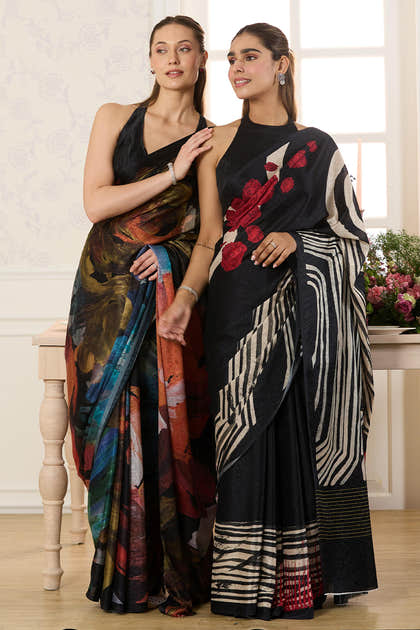 Black Abstract Printed Jacquard Silk Saree