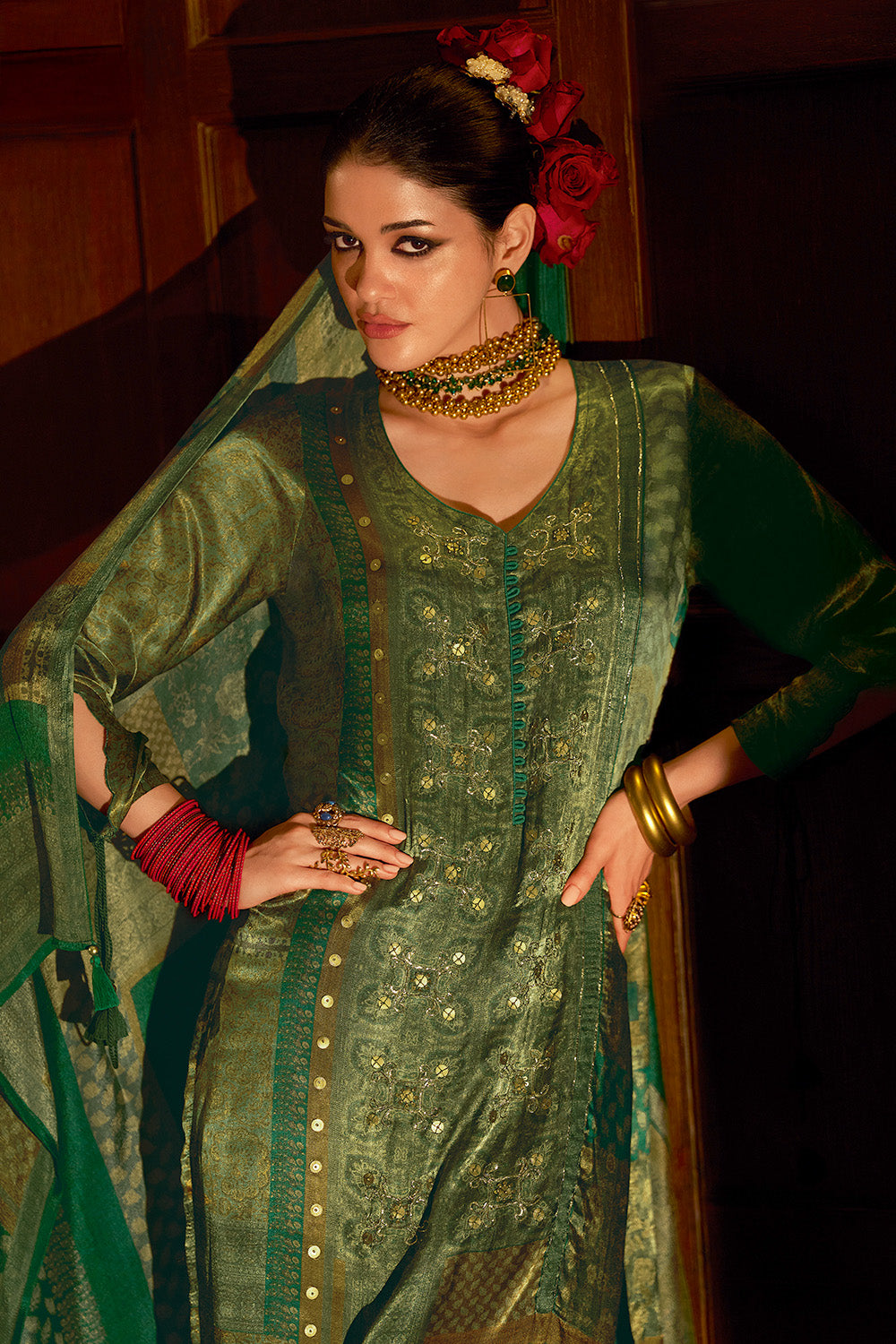 Green Spun Printed Unstitched Suit Material