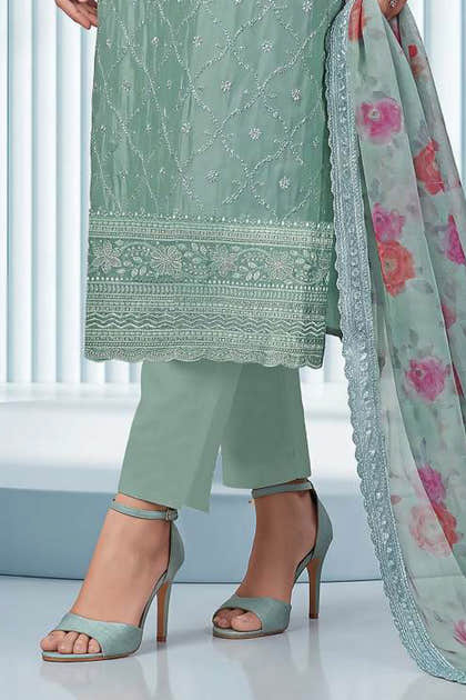 Seafoam Blue Organza Resham Embroidered Unstitched Suit Material