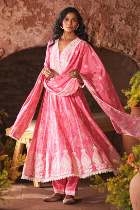 Dusty Pink Color Cotton Floral Printed and Resham Embroidered AnarkalI Suit