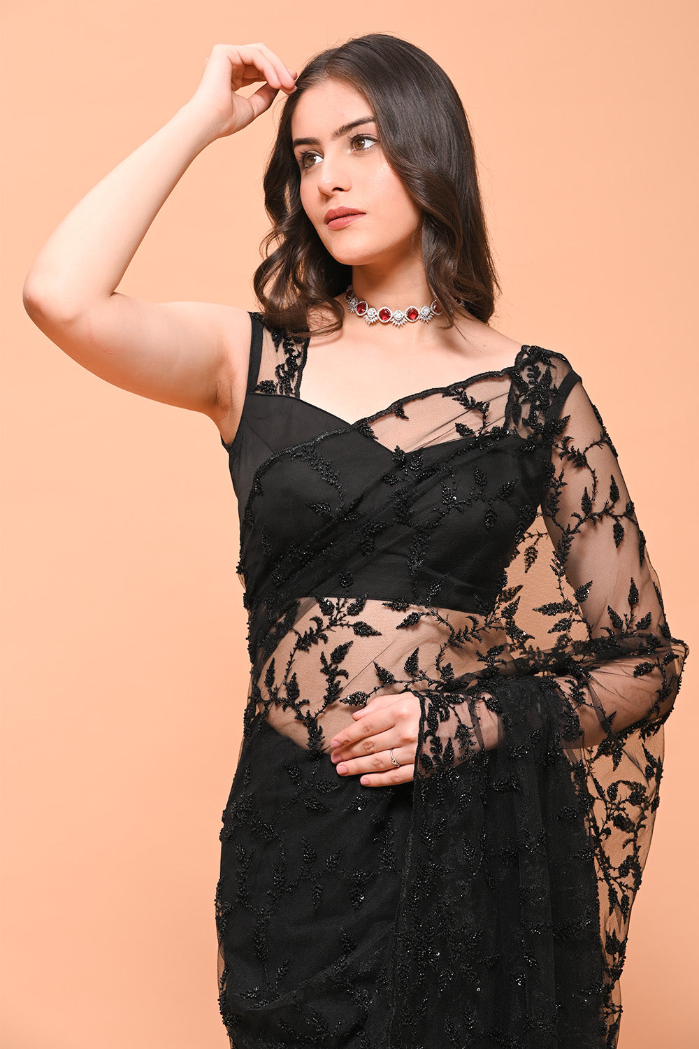 Black Color Net Cut-Dana Work Saree
