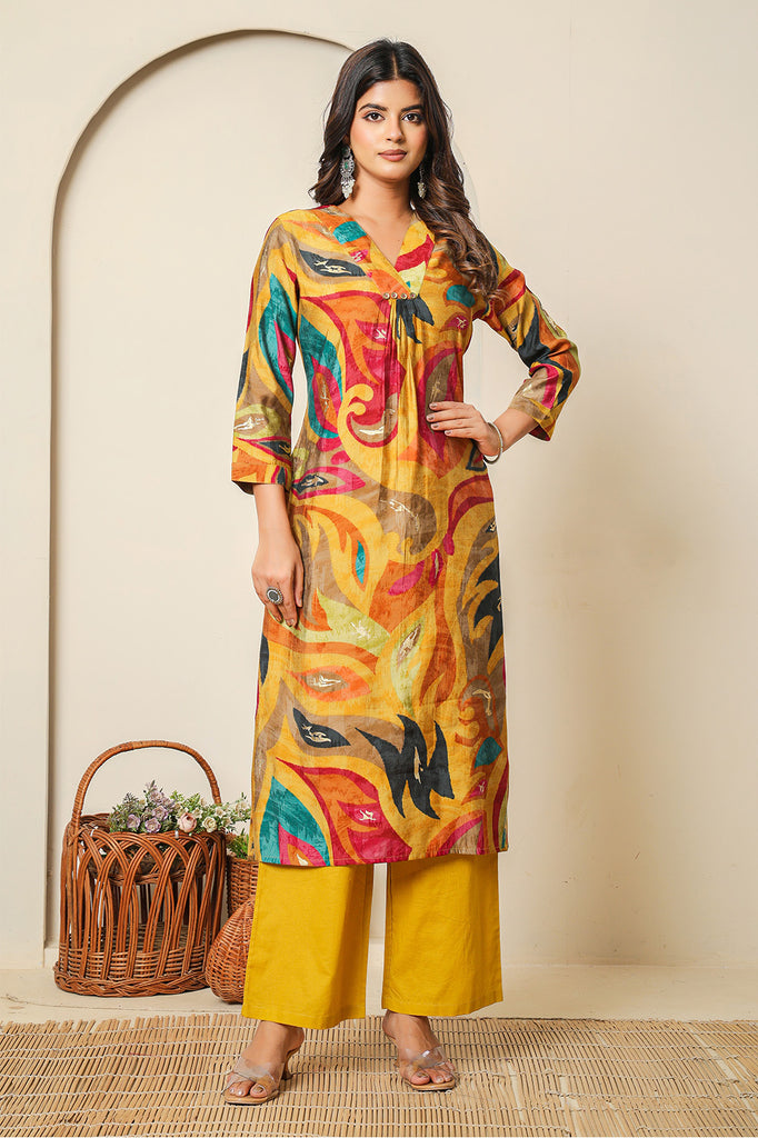 Mustard Abstract Printed Muslin Long Kurta