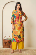 Mustard Abstract Printed Muslin Long Kurta