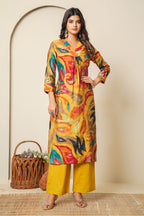 Mustard Abstract Printed Muslin Long Kurta