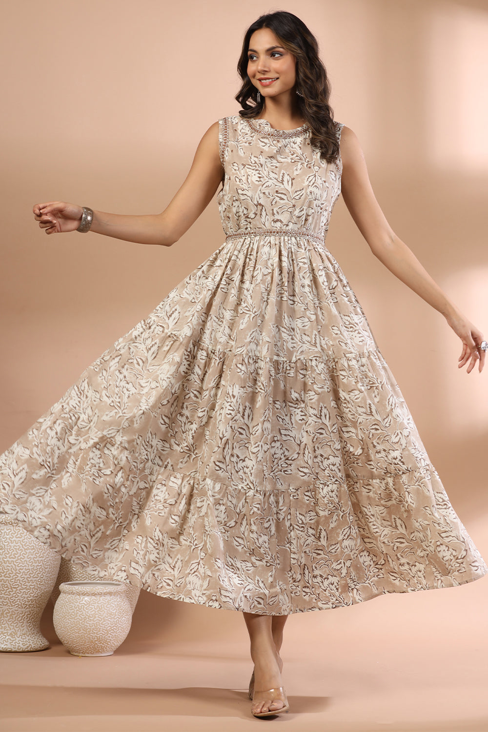 Beige & Cream Color Cotton Printed Peonies Dress