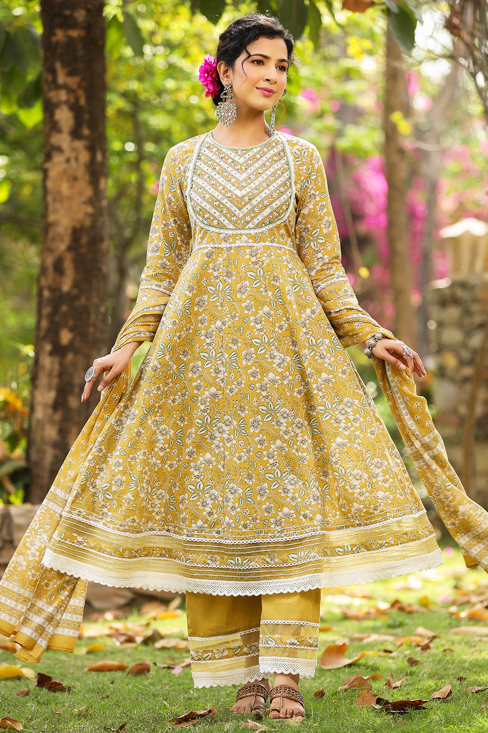 Mustard Color Cotton Floral Printed Anarkali Suit Set