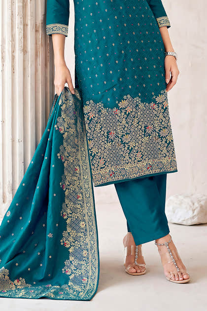 Teal Pashmina Zari Woven Unstitched Suit Material